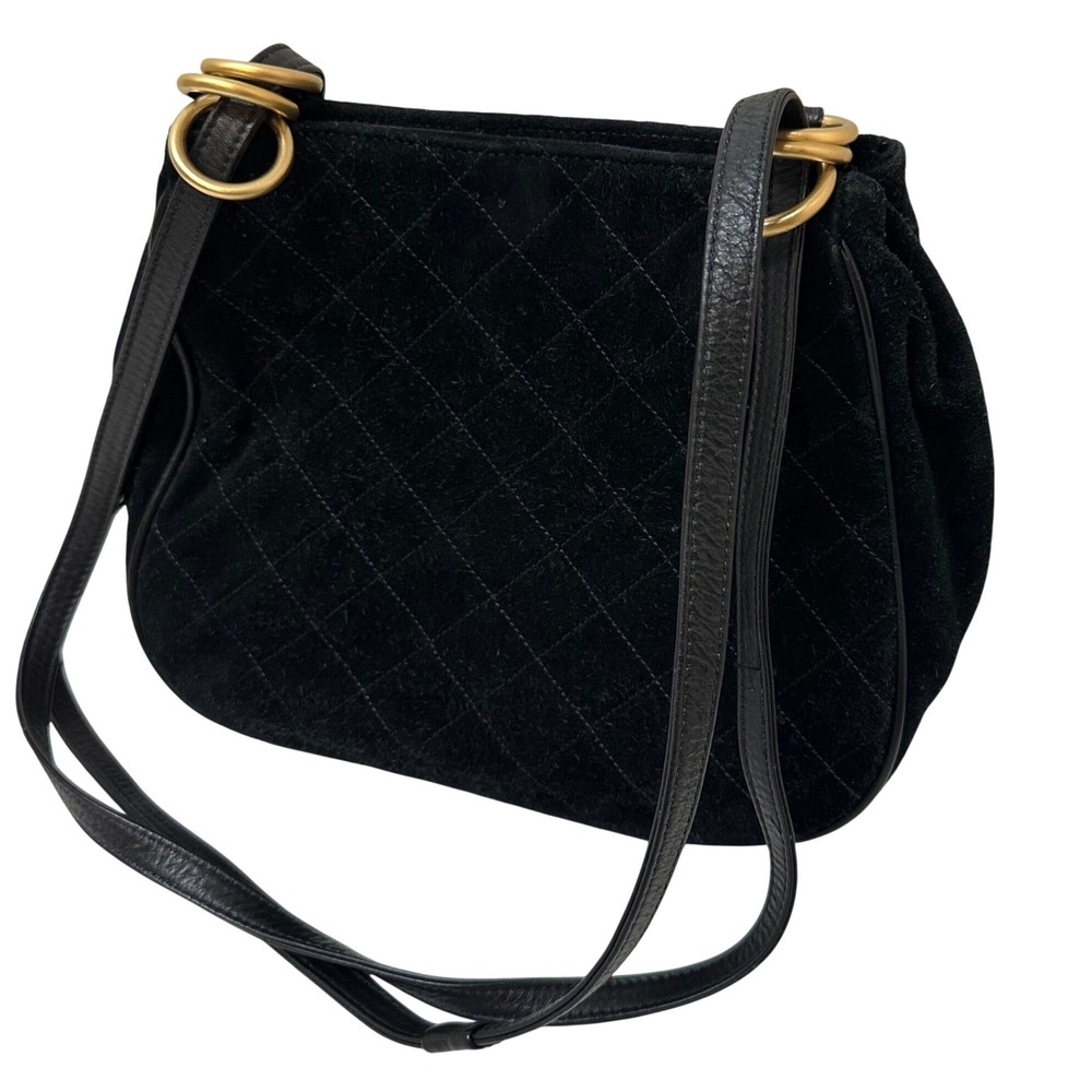 I. Magnin Design Studio Black Quilted Suede Leather Shoulder Bag Gold Hardware